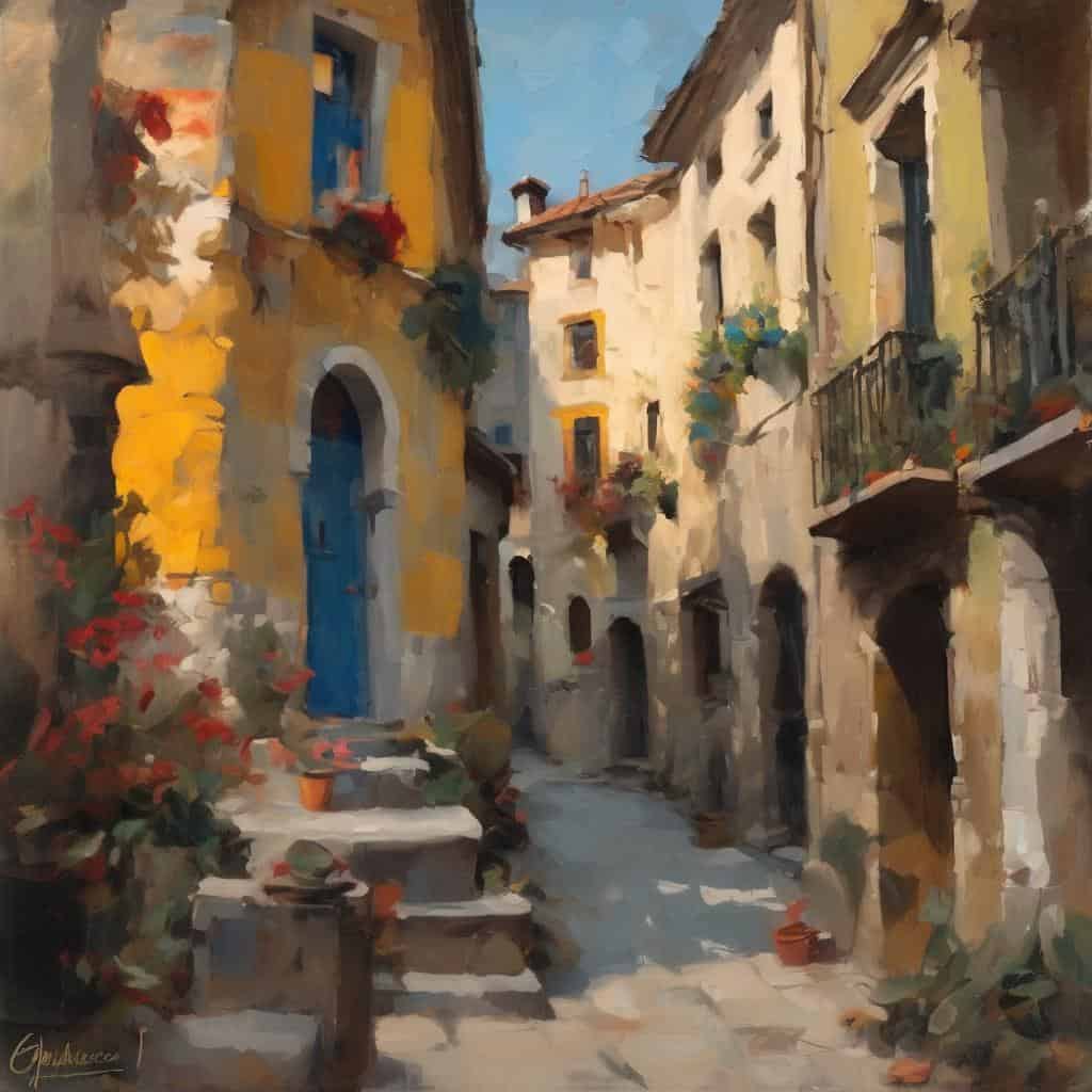 Ραφιό για νησιωτική αρχιτεκτονική, Έργα Τέχνης και Δημιουργοί μέσα στους Αιώνες, ελαιογραφία ικανή να μεταφέρει την ομορφιά και την ιστορία της παραδοσιακής ευρωπαϊκής αρχιτεκτονικής και τέχνης.